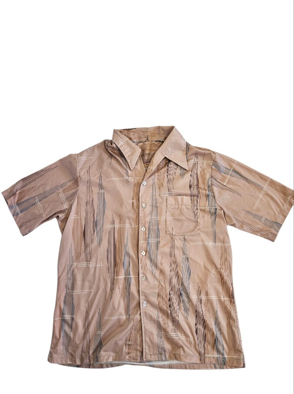 Vintage Men's Short-Sleeve Button-Up Shirt in Light Brown Bowling Shirt Large